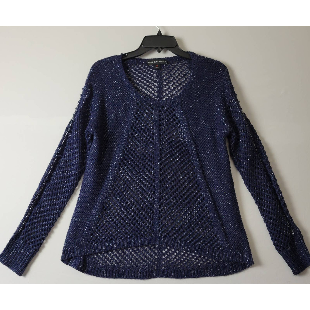 Rock & Republic Sweater Women's Size M Blue Silver Fleck Scoop Neck Long Sleeve